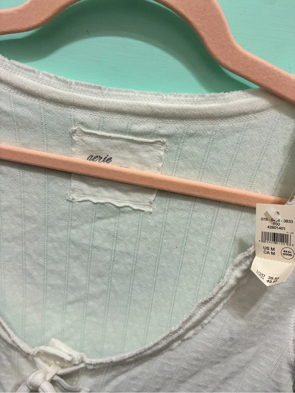 New aerie size M white scoop neck pointelle ribbon tie Button-Front Knit Top - Picture 3 of 4